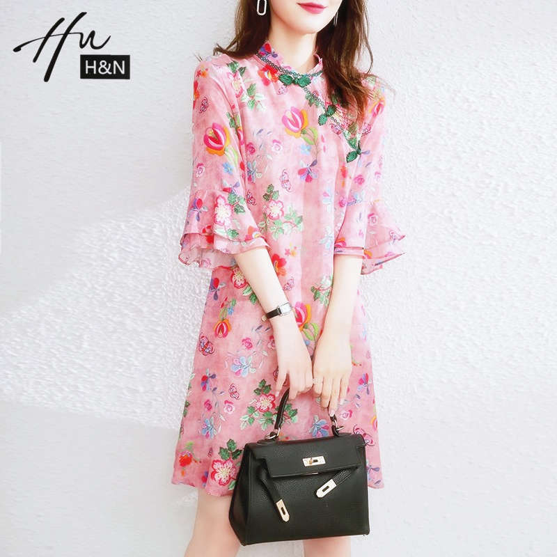 ヒ Chinese wind band robe improved dress female summer design temperament small individual pink pink flower skirt QSNZ0037