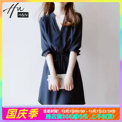 iFashion light luxury women's high-end commuter dress V-collar waist slim temperament goddess shirt skirt