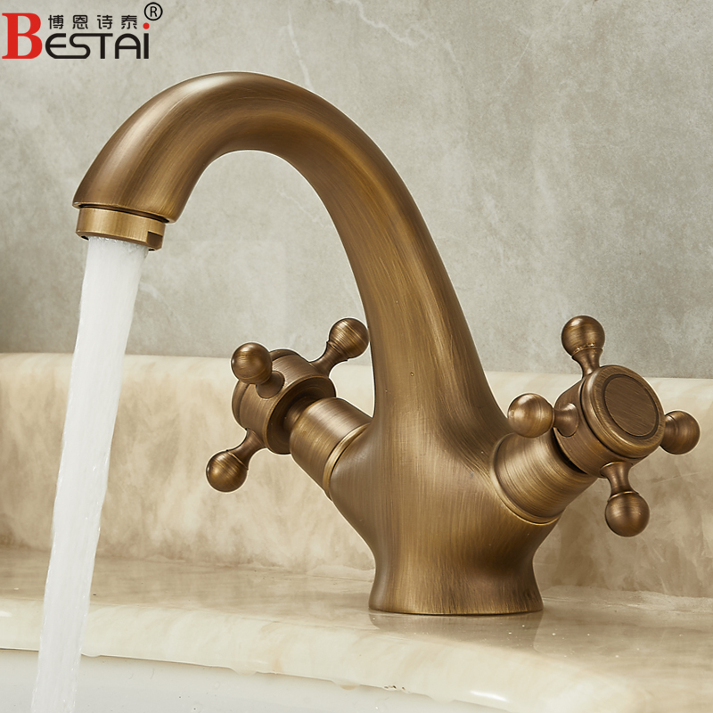 Bathroom Antique-Style All-Copper Hot and Cold Faucet for Washbasin, European-Style Two-In-One Sink Faucet