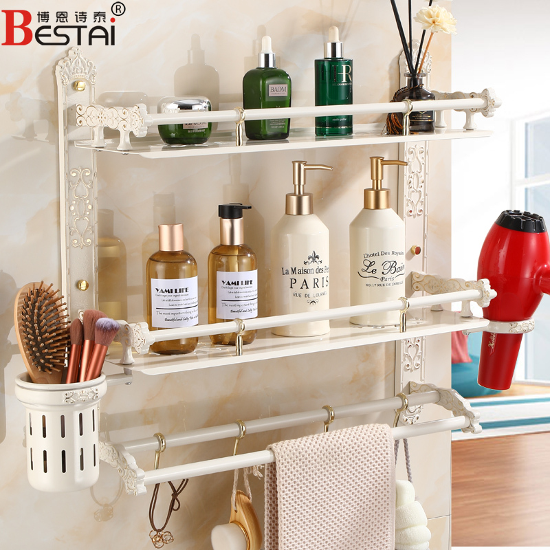 Bathroom Shower Room Storage Rack, Wall-Mounted European-Style Bathroom White Towel Rack, No Drilling Required