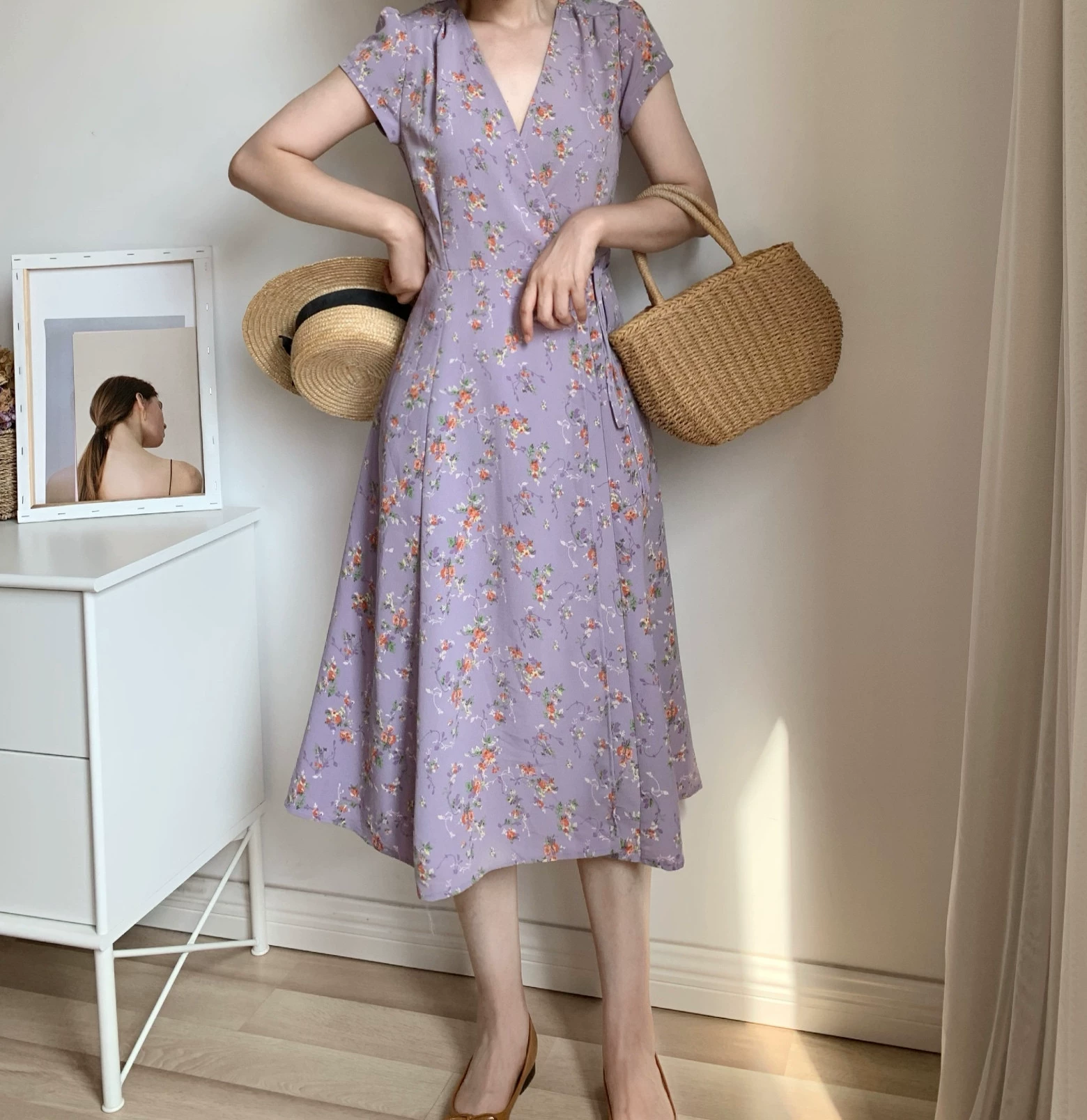 21 niche mới của Pháp màu tím retro cô gái in, giảm eo váy trà phá cách váy hoa - Sản phẩm HOT