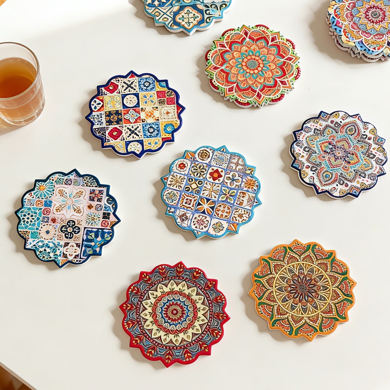 Coffee Coaster, Retro Ethnic Style Tile Insulation Pad, Round Ceramic Mat, Light Luxury Xinjiang Cup Mat, Tea Cup Mat Coffee Coaster, Retro Ethnic Style Tile Insulation Pad, Round Ceramic Mat, Light Luxury Xinjiang Cup Mat, Tea Cup Mat