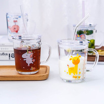 Childrens cartoon scale milk cup can add tropical scale cup Breakfast cup handle glass thickened straw cup