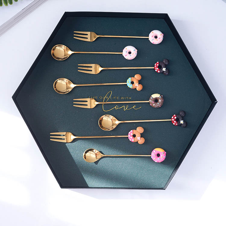 Ins cartoon children Mickey stainless steel spoon fork tableware golden coffee mixing spoon doughnut fruit fork