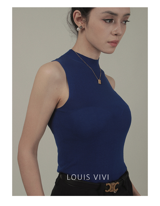 Louis Vivi Klein Blue Vest Silk Half-Turtleneck Knitwear French Style High-End Top