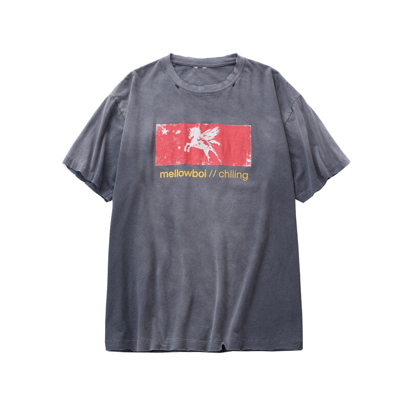 Mellow Washed Pegasus Print T-Shirt, Washed Gray Heavy Cotton Short-Sleeve, American Retro Distressed Trendy Brand for Summer