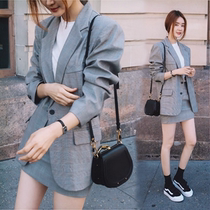 South Korea 2021 spring new slim plaid suit jacket hip skirt two-piece womens fashion suit tide