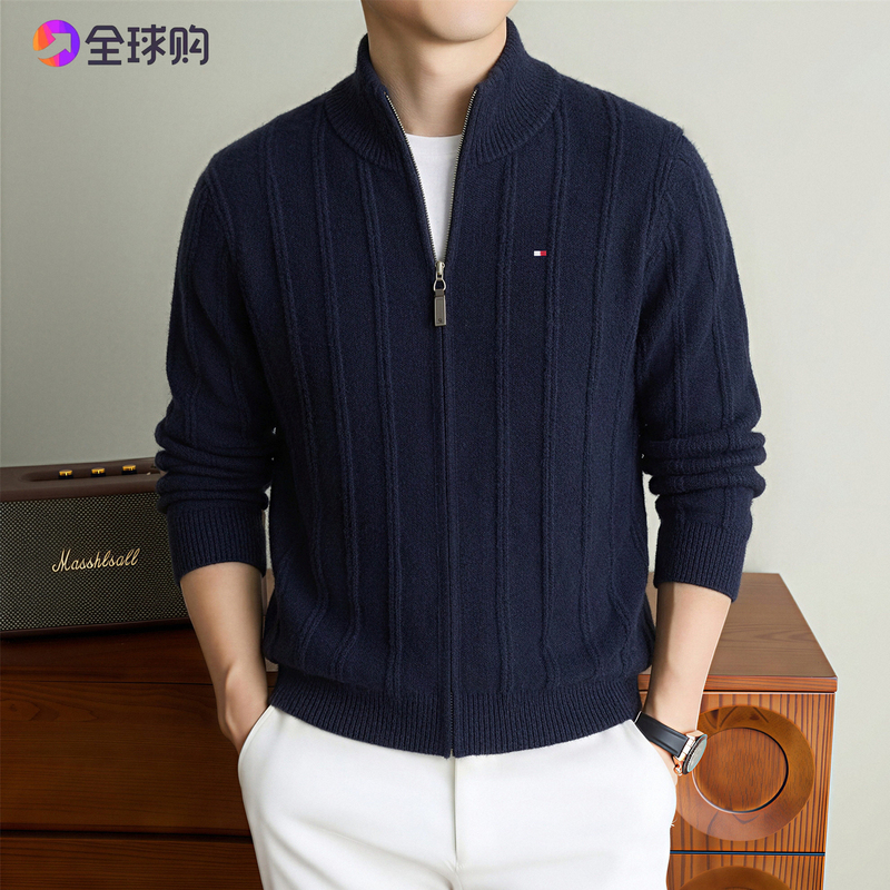 Tommy 2026 Winter Men's 100% Wool High-End Casual Stand-Up Collar Zipper Knitted Cardigan Striped Sweater Jacket Tommy 2026 Winter Men's 100% Wool High-End Casual Stand-Up Collar Zipper Knitted Cardigan Striped Sweater Jacket