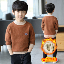 Boys sweater pullover autumn and winter style 2021 new childrens boys knitted bottoming shirt plus velvet thickened middle and big childrens trend