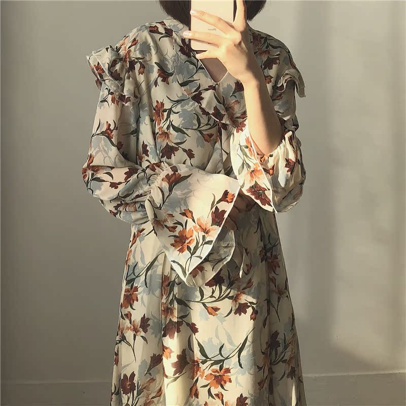 Muzi 18 mùa thu / màu rất đẹp, đầm dài tay hoa nhẹ nhàng, ren nấm, đầm voan mỏng váy bút chì dài