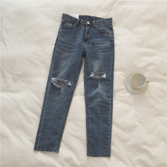 Muzi 18 mùa hè / lỗ chín điểm quần jeans xanh nhạt / xanh đậm đa năng co giãn chân quần jeans nữ quần baggy nữ jean