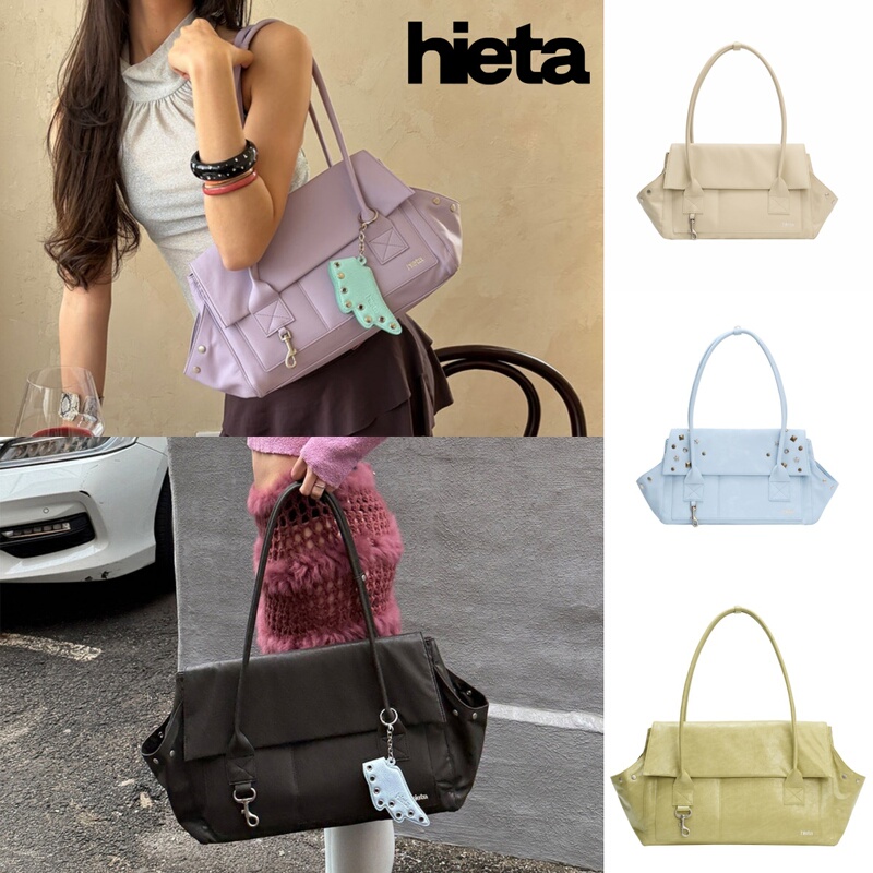 Korean Genuine Hieta Shoulder Bag with Rivets, Flap, Side Pockets, Motorcycle Bag, Large Capacity Handbag Tote Bag for Women