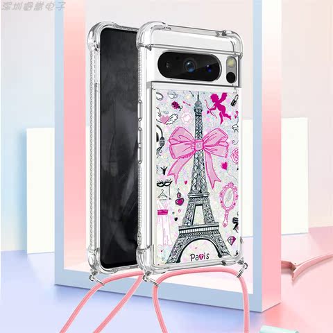 Girls Quicksand Glitter Bling Silicone TPU Airbag Corner Protection With Lanyard Strap 8, 8 Pro Google Pixel Phone Case