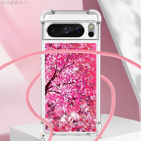 Girls Quicksand Glitter Bling Silicone TPU Airbag Corner Protection With Lanyard Strap 8, 8 Pro Google Pixel Phone Case