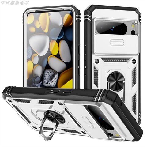 Silver — Armor Drop Resistant Tough Shockproof Ring Finger Holder Kickstand Camera Lens Protection 8, 8 Pro Google Pixel