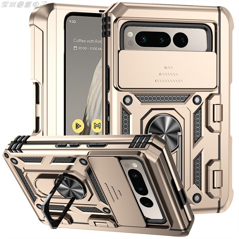 Google Pixel Fold Armor Ring Stand Phone Case with Sliding Window Lens, Full Coverage Matte Silicone