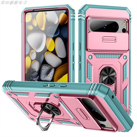 Pink + blue — Armor Drop Resistant Tough Shockproof Ring Finger Holder Kickstand Camera Lens Protection 8, 8 Pro Google Pixel