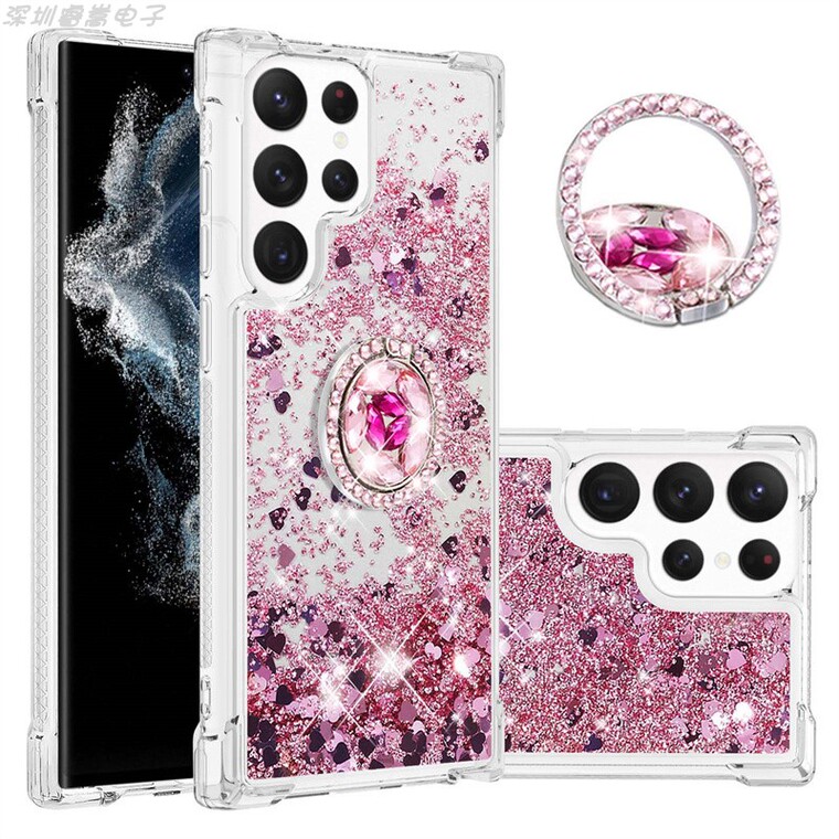Liquid Quicksand Girls Shiny Glitter Bling Silicone TPU With Ring Bracket Kickstand S23, S23 Plus, S23 Ultra Samsung Phone