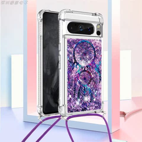 Girls Quicksand Glitter Bling Silicone TPU Airbag Corner Protection With Lanyard Strap 8, 8 Pro Google Pixel Phone Case