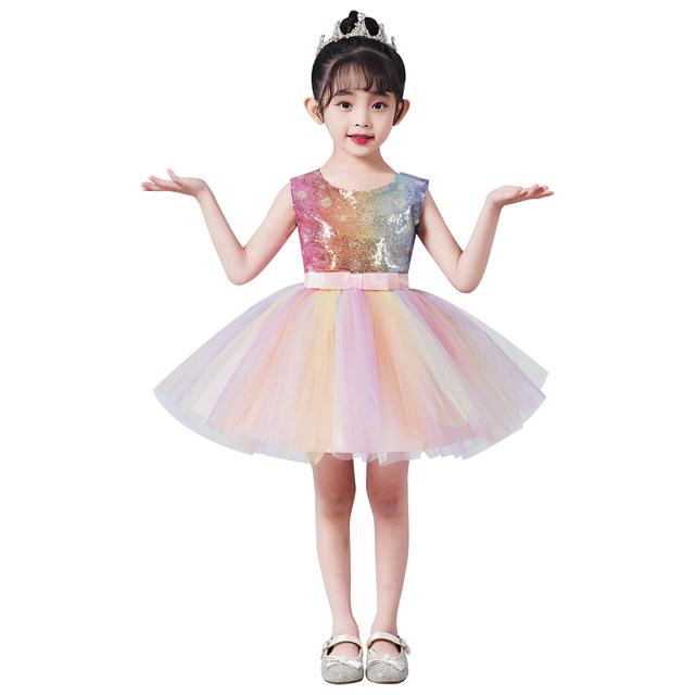 ເຄື່ອງນຸ່ງເຕັ້ນຂອງໂຮງຮຽນອະນຸບານສໍາລັບເດັກຍິງ, ມີສີສັນທີ່ມີສີສັນ sequined Princess dance tutu skirt, ເດັກນ້ອຍຊາຍແຂນສັ້ນ chorus dress