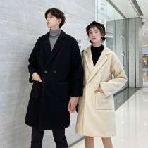 Couple ins wool coat Mens autumn and winter long windbreaker Korean version of the velvet thickened coat trend