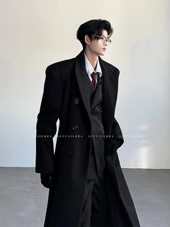 Black shoulder-padded godfather woolen coat for men, winter high-end, mid-shoulder, mid-length woolen windbreaker blazer