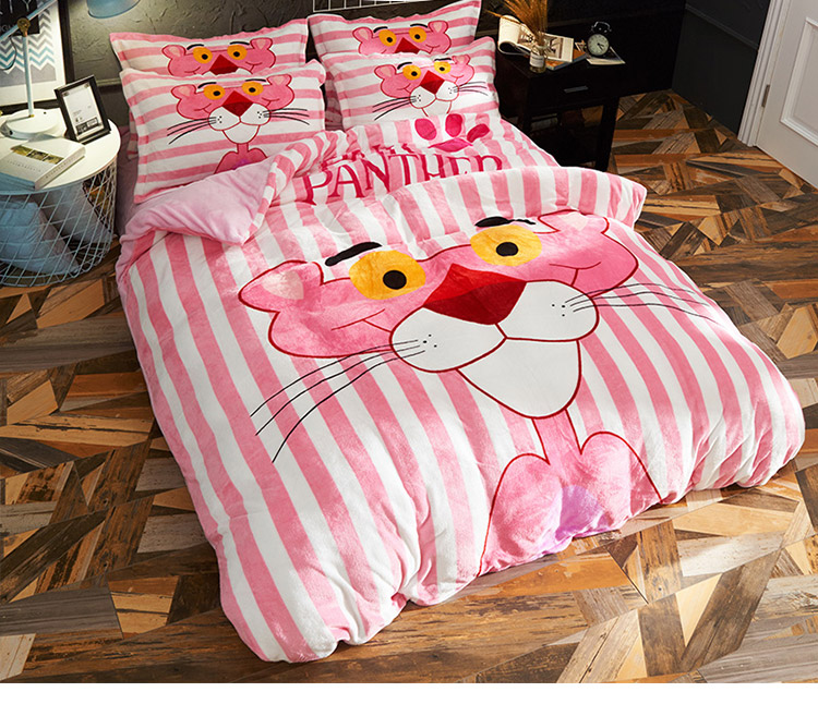 Winter nhung san hô dày Pink Panther gia đình giường bốn luật Levin cashmere flannel tấm hai mặt quilt phim hoạt hình người phụ nữ - Bộ đồ giường bốn mảnh bộ drap giường