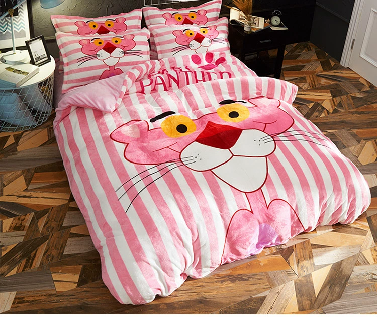 Winter nhung san hô dày Pink Panther gia đình giường bốn luật Levin cashmere flannel tấm hai mặt quilt phim hoạt hình người phụ nữ - Bộ đồ giường bốn mảnh bộ ga giường everon