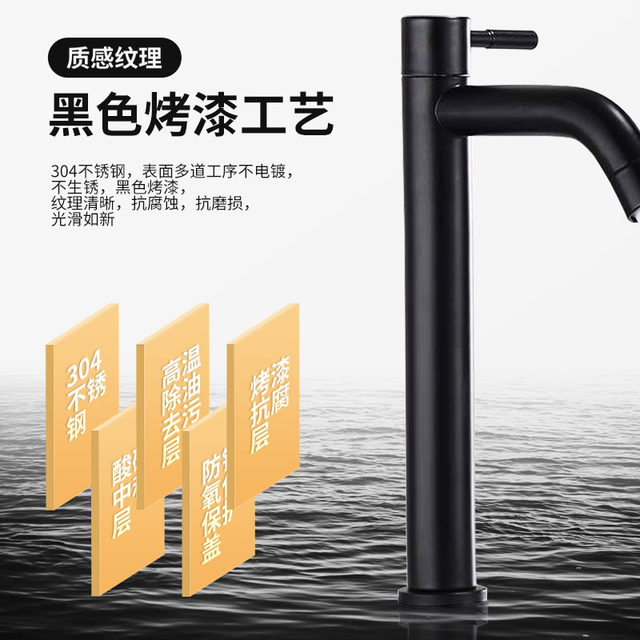 Stainless Steel Black Faucet, European Style Above and under Counter Basin Faucet, Bathroom Balcony Washbasin, Single Cold Paint Finish
