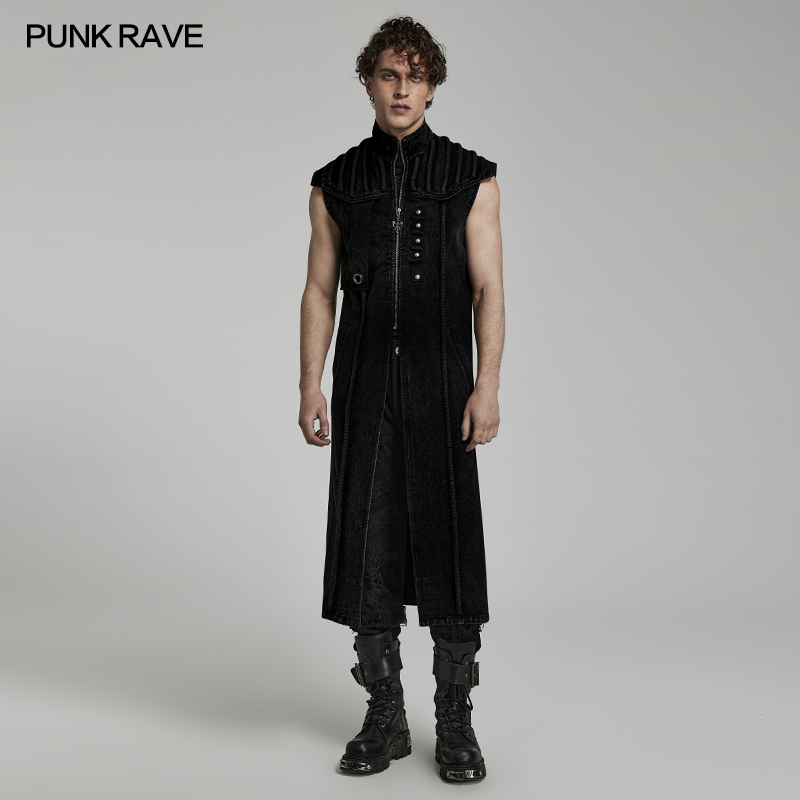 Punkrave Punk Wasteland Style Men's Long Vest Functional Workwear Jacket Gothic Retro Style Vest Trendy
