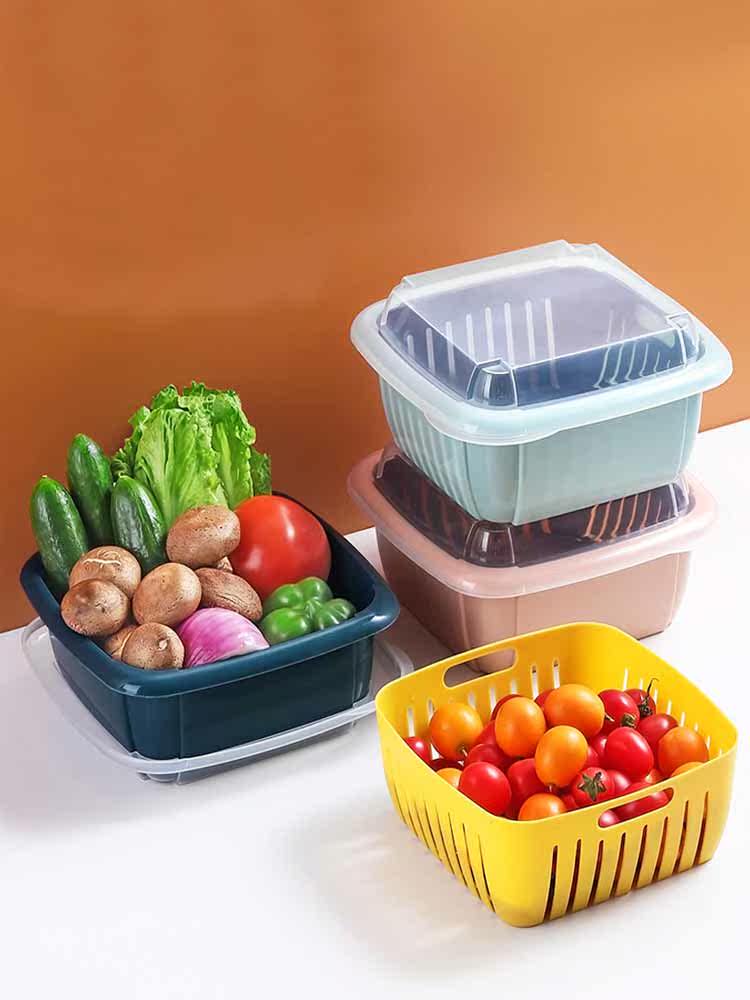 Creative contrast color kitchen double drain basket with lid Fruit and vegetable basket drain basket vegetable basket transparent cover storage
