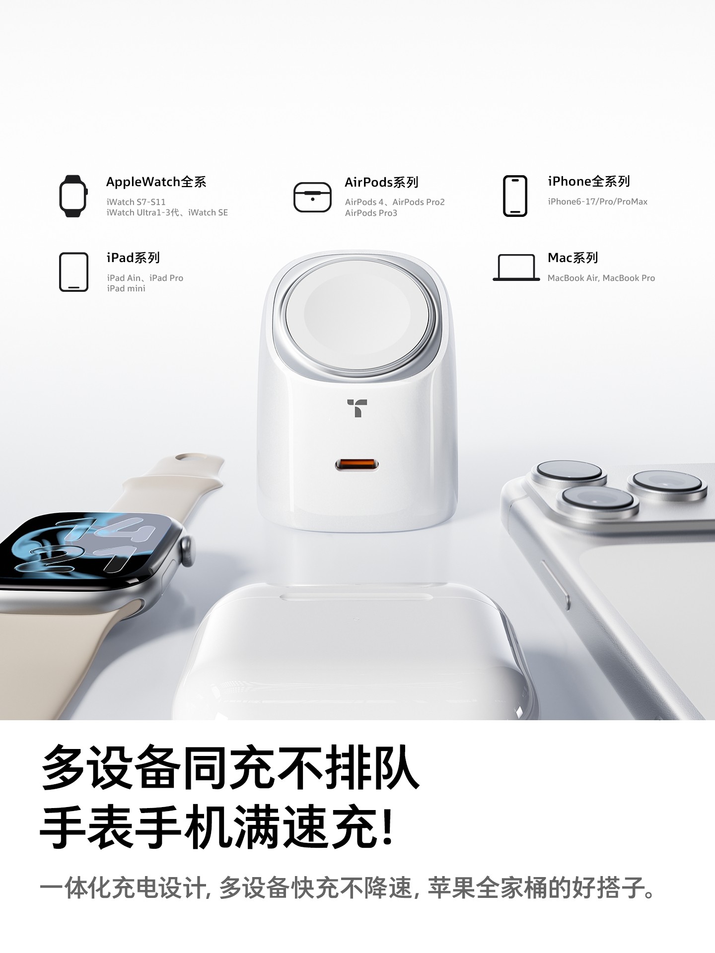 Turas Big Eyes Charger for Apple Watch, 2-in-1 iPhone 17 Pro Max Charger, 45W Fast Charging, S11/Ultra3 Dock 150