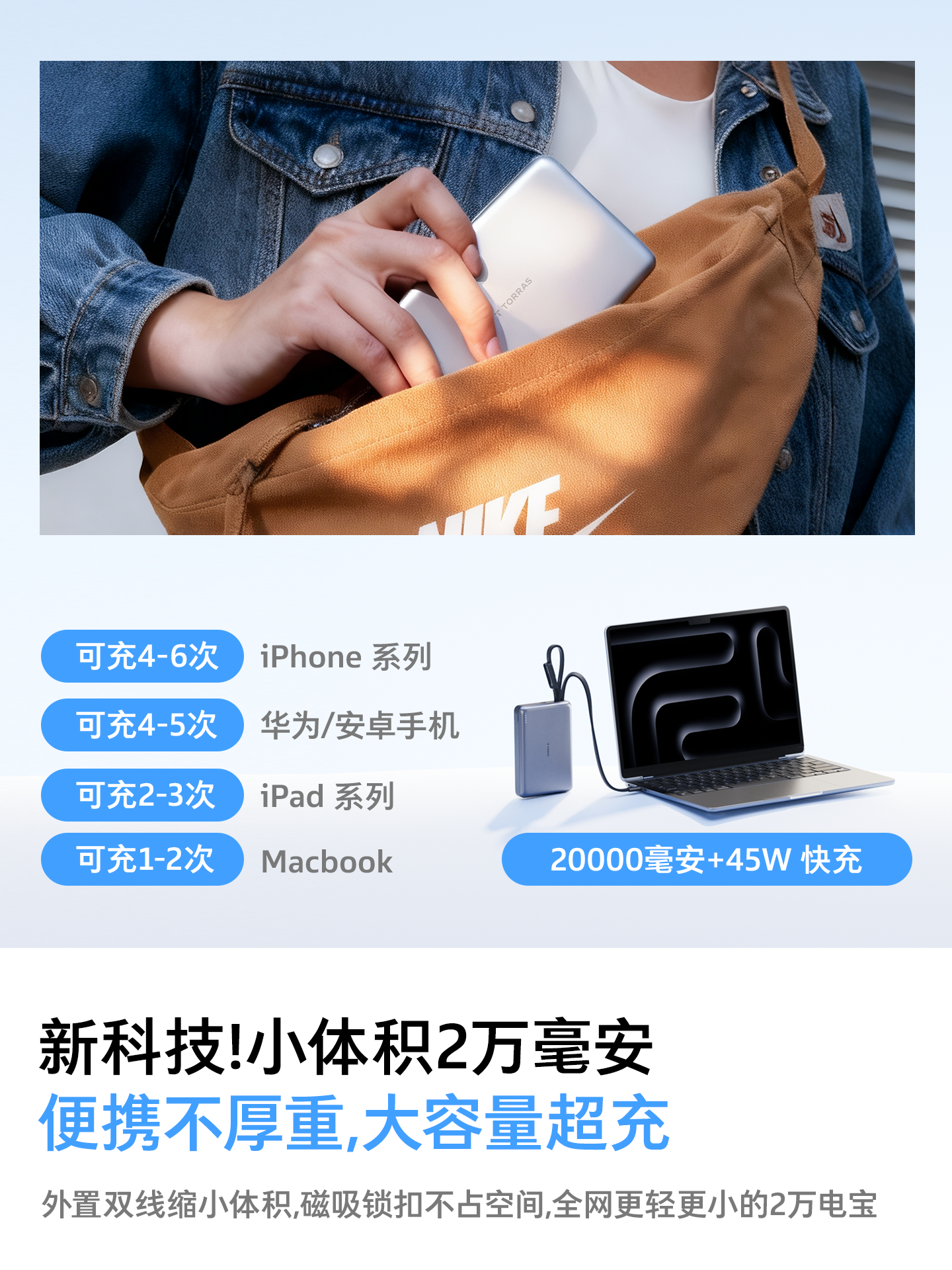 Turas 20000Mah Comes with Dual Cables, Xiaoyunbao 2026 New Model 45W Power Bank, 3C Certified, Can Be Used on Airplanes, Large Capacity, Fast Charging, Portable Power Bank Suitable for Apple, Huawei, Xiaomi 2W