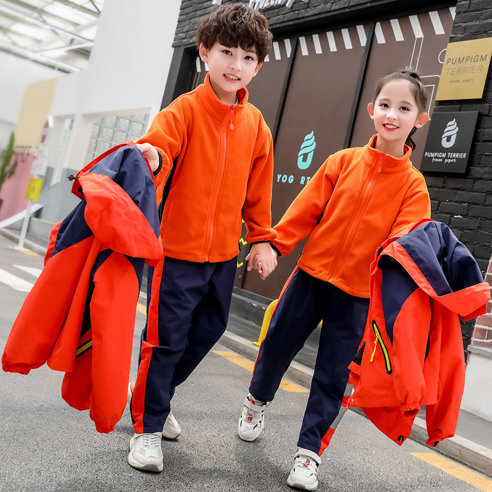 Primary school uniform Autumn and winter clothing velvet sportswear Orange blue green windproof and rainproof children's stormtrooper suit