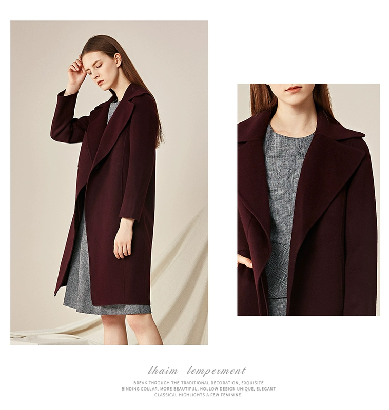 NỀN TẢNG Phụ nữ Enling bóng dáng thẳng của ve áo lỏng lẻo giữa hai chiều dài áo khoác len cashmere - Trung bình và dài Coat