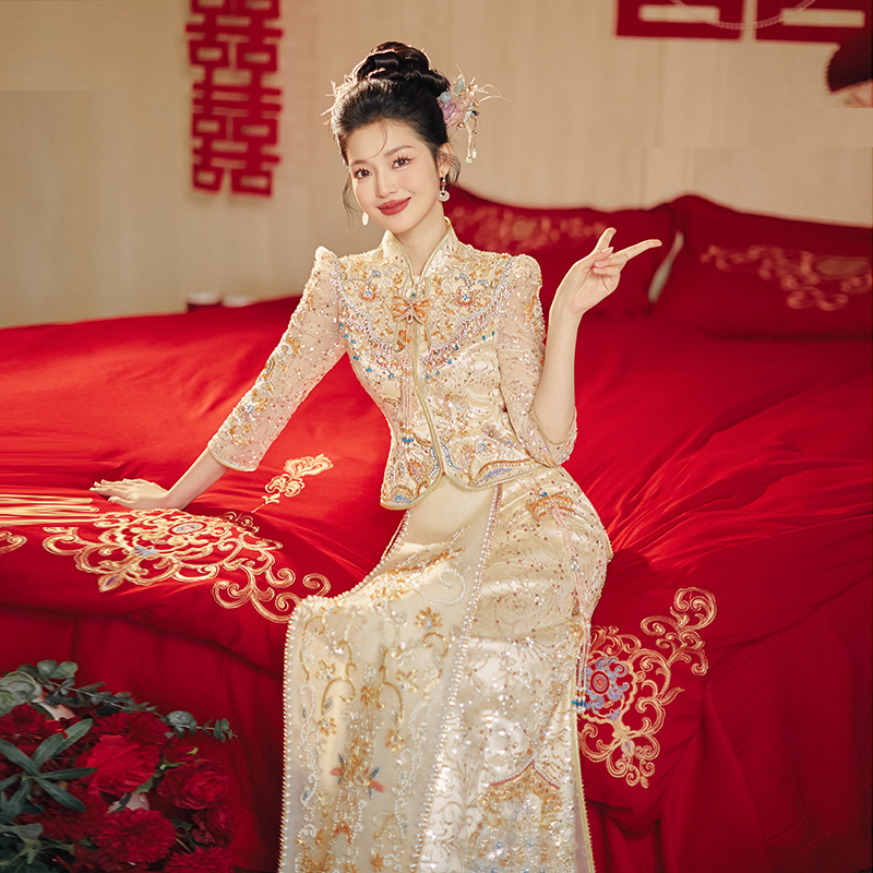 Champagne Gold High-End Xiuhe Dress Wedding Dress 2026 New Style Wedding Dress Chinese-Style Bridal Gown Toast Dress Petite Size Champagne Gold High-End Xiuhe Dress Wedding Dress 2026 New Style Wedding Dress Chinese-Style Bridal Gown Toast Dress Petite Size