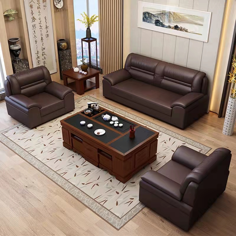 Office sofa tea table combination thickened genuine leather reception room Guest Area President Trio Brief Modern Business