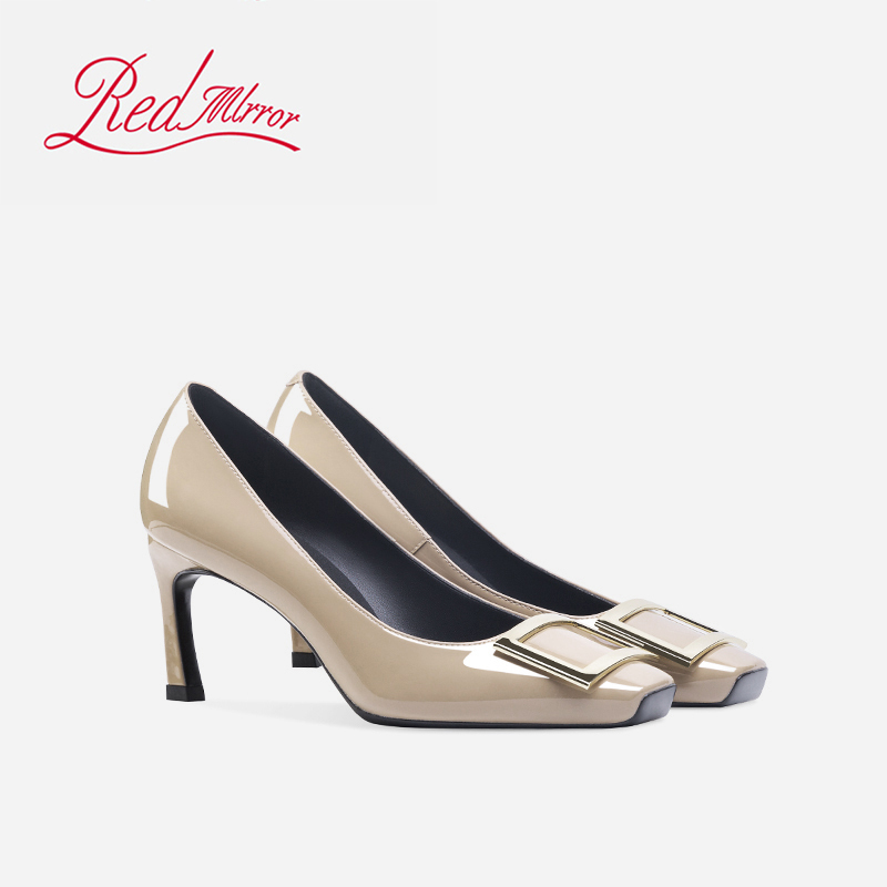 Red Mirror Rv Square Buckle High Heels 2026 New Model Women's Square Toe Professional Style Square Buckle Stiletto Shallow Mouth Sheepskin Single Shoes