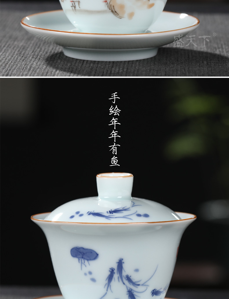 Jingdezhen ceramic tureen single bluish white porcelain tureen only three to use hand grasp the hand - made kung fu tea tea tea bowl