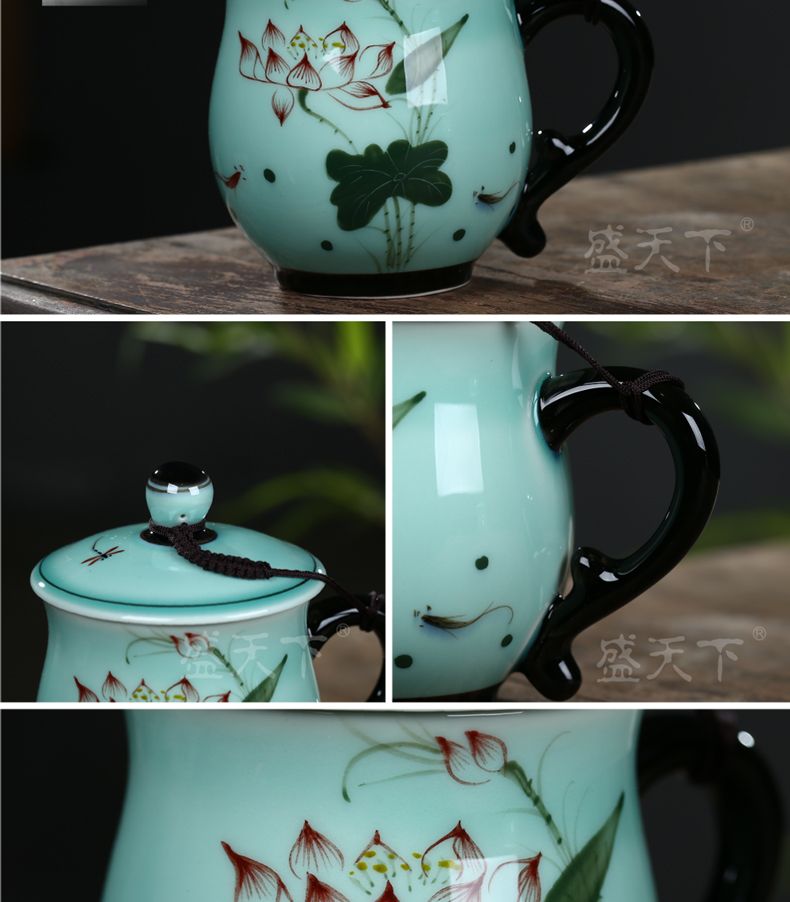 Large capacity ceramic cup with cover the boss celadon hand - made personal office gift cups cup cup single cup tea cup