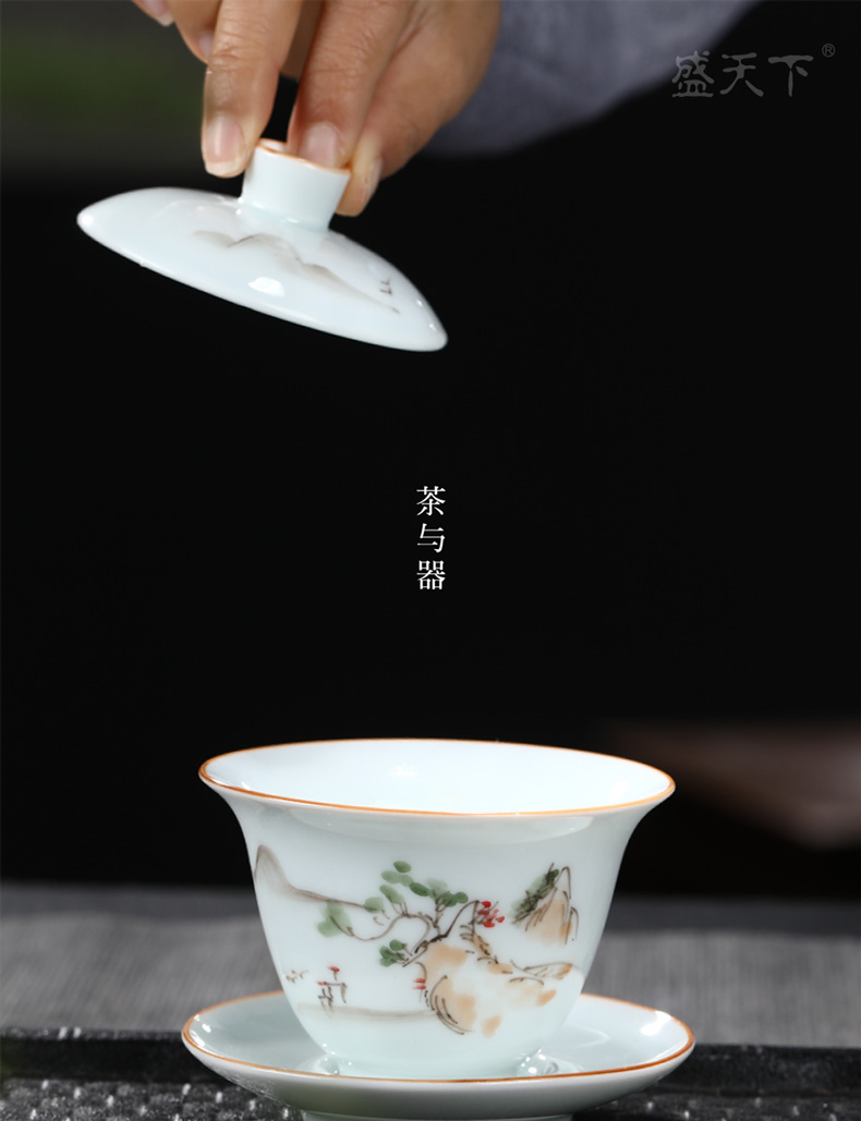 Jingdezhen ceramic tureen single bluish white porcelain tureen only three to use hand grasp the hand - made kung fu tea tea tea bowl