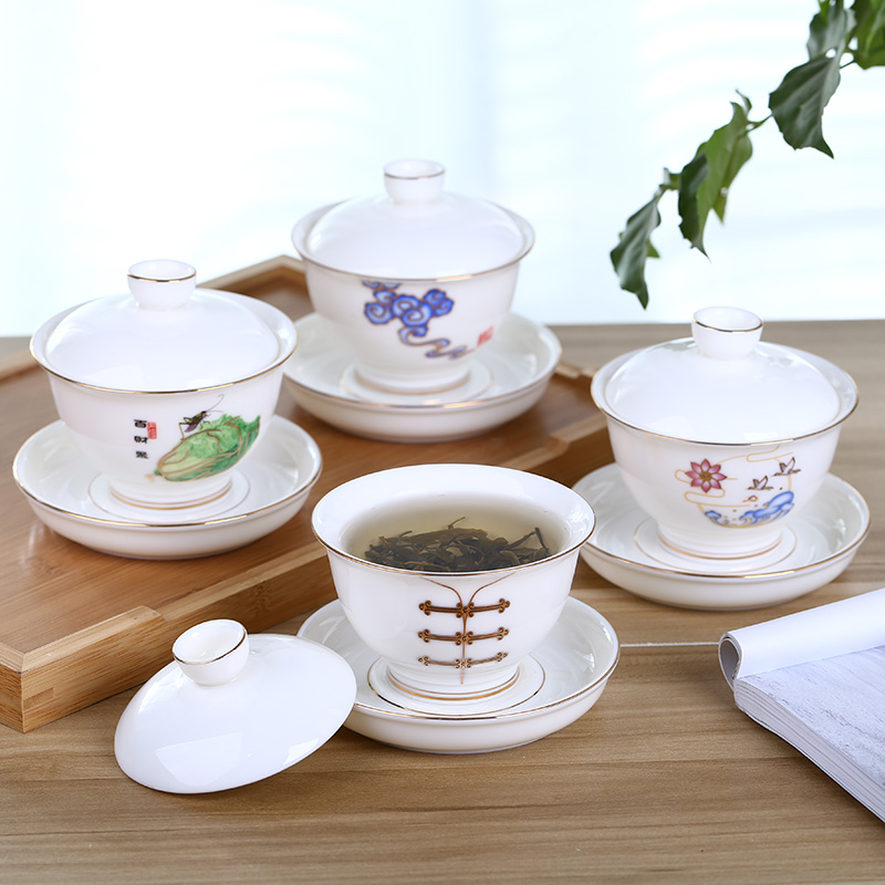 White porcelain tureen jade porcelain kung fu tea set suet jade three ceramic cups to paint three cups to make tea bowl to bowl