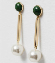  Elegant socialite fan artificial pearl green natural stone fashionable exaggerated ear clip 925 silver needle earrings