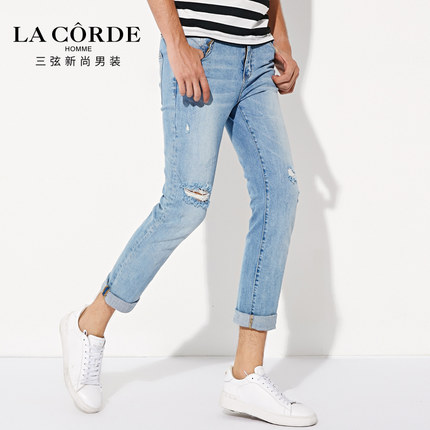 三弦男装 2018春季新款膝盖破洞牛仔裤男长裤