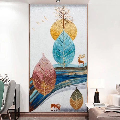 Современное легкое роскошное крыльцо декоративная живопись атмосферная абстрактная вертикальная версия росписной гостиной гостиной, листья, листья, насыщенные оленя