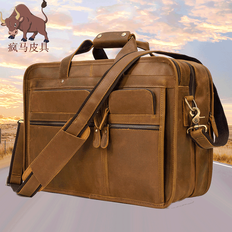 Mad Mapi Men Retro Briefcase Business Package Large Capacity Pure Genuine Leather 17 Inch Mobile Computer Bag Business Trip Bag-Taobao