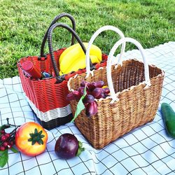 Picnic Basket Plastic Woven Storage Basket Fruit Vegetable Basket Outdoor Spring Outing Popular Rattan Satchel Blue Ins