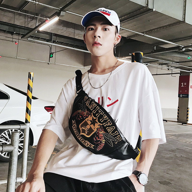 Hong Kong Korean version of leather chest bag waist bag youth small bag fashion trendy men's bag shoulder messenger bag casual backpack