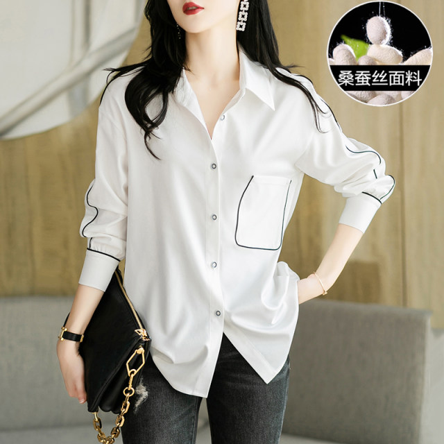 White silk shirt women's new autumn 2022 women's western style fashion top women's long-sleeved mulberry silk shirt