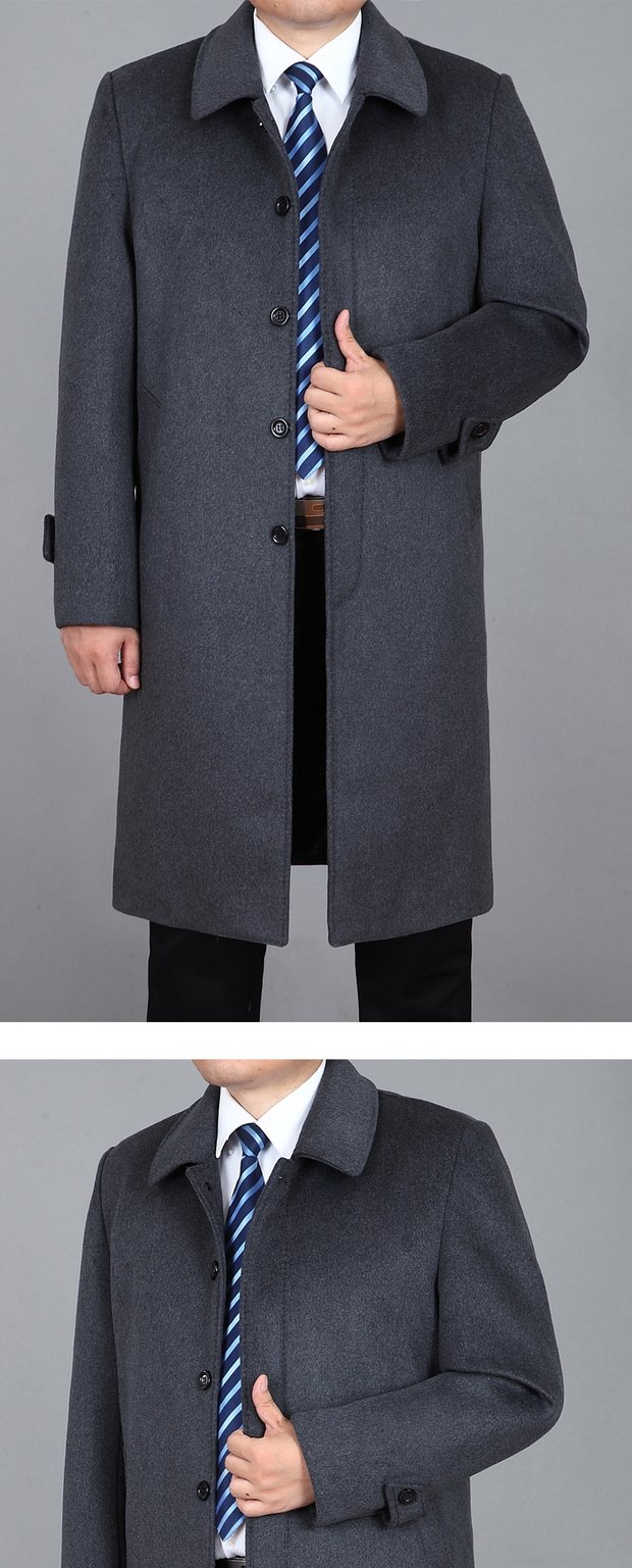 Mô hình mùa đông áo khoác len trung niên, cha dài hạn nam, áo khoác cashmere, áo khoác đầu gối, dày nhung và phân bón áo gió 1 lớp cho nam